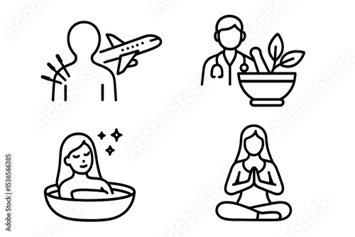 Medical Tourism Icons. Line style icons of medical tourism: alternative therapy abroad, holistic healing trip, wellness retreat,