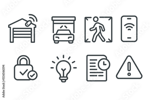 Smart Home Maintenance Icons. Line style icons of smart home maintenance: garage door opener, vehicle detection sensor, motion
