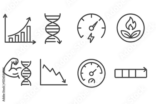 DNA Nutrition Icons. Line style icons of DNA-based nutrition: metabolic rate chart, slow metabolism gene, energy conversion gauge,