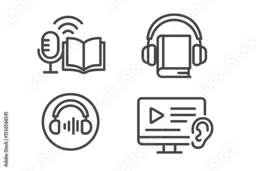 Audio Learning Icons. Line style icons of new education formats: podcast lesson icon, headphone with book, audio course badge,