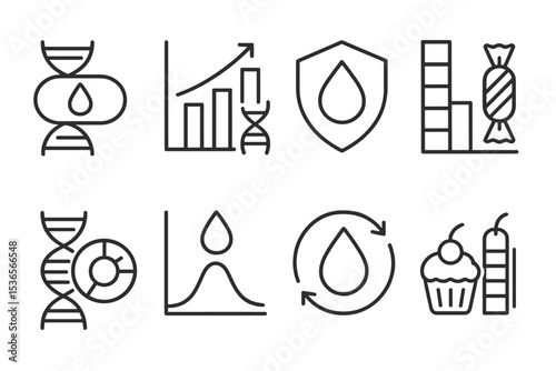 DNA Nutrition Icons. Line style icons of DNA-based nutrition: blood sugar gene, insulin sensitivity chart, glycemic response badge