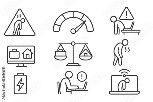 Psychology in Business Icons. Line style icons of psychology in business: burnout warning icon, stress bar meter, work-life
