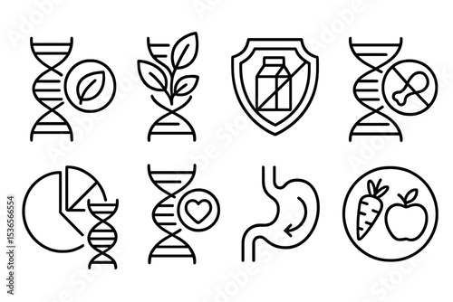 DNA Nutrition Icons. Line style icons of DNA-based nutrition: vegan suitability gene, plant-protein adaptation, non-dairy plan