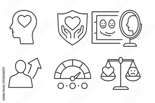 Psychology in Business Icons. Line style icons of psychology in business: emotional intelligence head, empathy badge, team mood