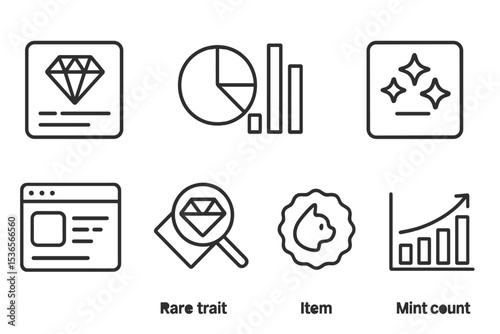 NFT Market Icons. Line style icons of NFT and token marketplaces: NFT rarity scale, trait percentage chart, rarity stars icon,