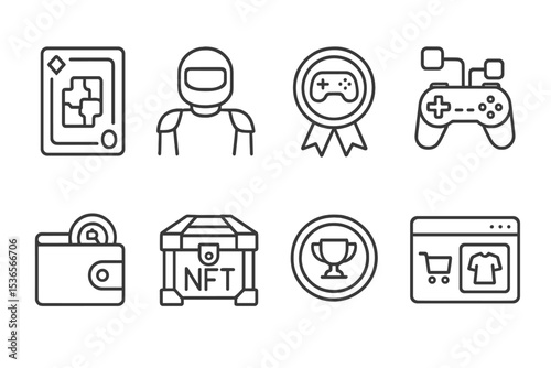 Blockchain Gaming Icons. Line style icons of blockchain gaming (GameFi): NFT game card, character skin token, play-to-earn badge,