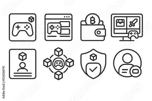 Blockchain Gaming Icons. Line style icons of blockchain gaming (GameFi): game launcher dApp icon, multi-game dashboard, unified