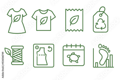 Green Tech Icons. Line style icons of green tech and eco services: sustainable fashion icon, eco clothing badge, green fabric