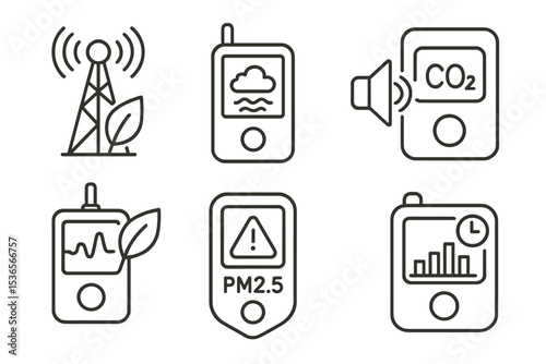 Green Tech Icons. Line style icons of green tech and eco services: environmental sensor network, air quality monitor, noise level