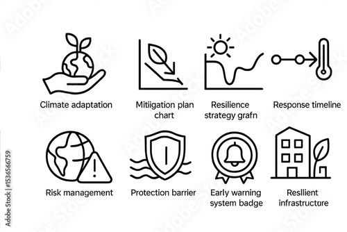 Climate Icons Set. Line style icons of climate analytics: climate adaptation icon, mitigation plan chart, resilience strategy
