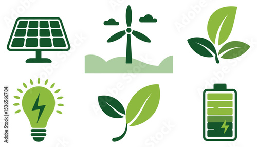 Green energy ecology icon set featuring natural plant and leaf symbols for environmental design