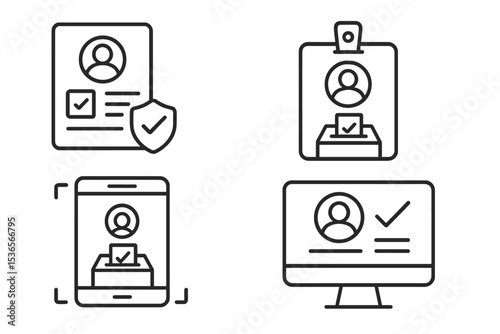 Biometric Election Icons. Line style icons of biometrics and digital identity: election identity verification icon, voter profile