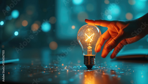 Hand touches lit lightbulb on table. Symbol of idea, innovation, artificial intelligence tech concept. Blurry lights background. Smart network, futuristic tech development, data analysis, solution.