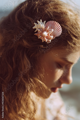 A dreamy close-up of a woman's hair styled with a delicate pink-and-white sea shell hair clip, shaped like coral or a spiked conch. The soft natural light creates a nostalgic, coastal feel. 