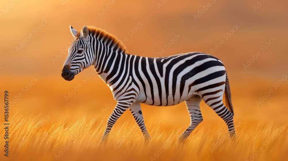 Fototapeta premium Wild Zebra Walking Gracefully Across Golden Grassland Under Warm Sunset