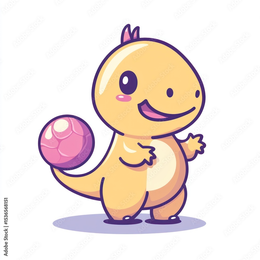 Cartoon A cute, yellow baby dinosaur with a pink ball. Vector graphic illustration Cartoon A cute, yellow baby dinosaur with a pink ball. Vector graphic illustration