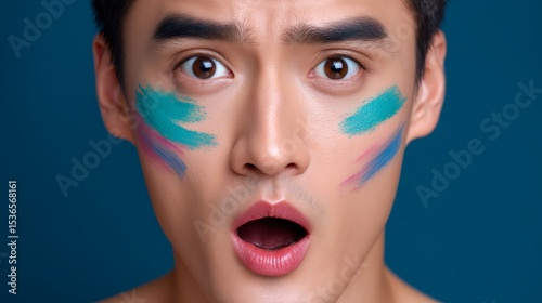 Surprised Asian Man with Vibrant Makeup Smears Against a Solid Blue Background