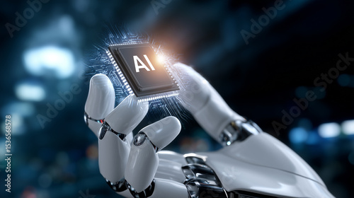 Futuristic Robotic Hand Holding AI Computer Chip on Blue Background - 3D Rendering