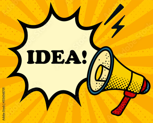 Idea speech bubble. Megaphone, lightning, speech burst, sound lines, pop art style, loudspeaker, public speaking, yellow background, expression, voice, alert, broadcast