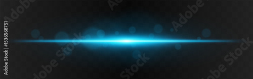 Light burst. Blue horizontal glow with radial flare and soft particles on dark transparent background, suitable for tech or sci-fi visuals.