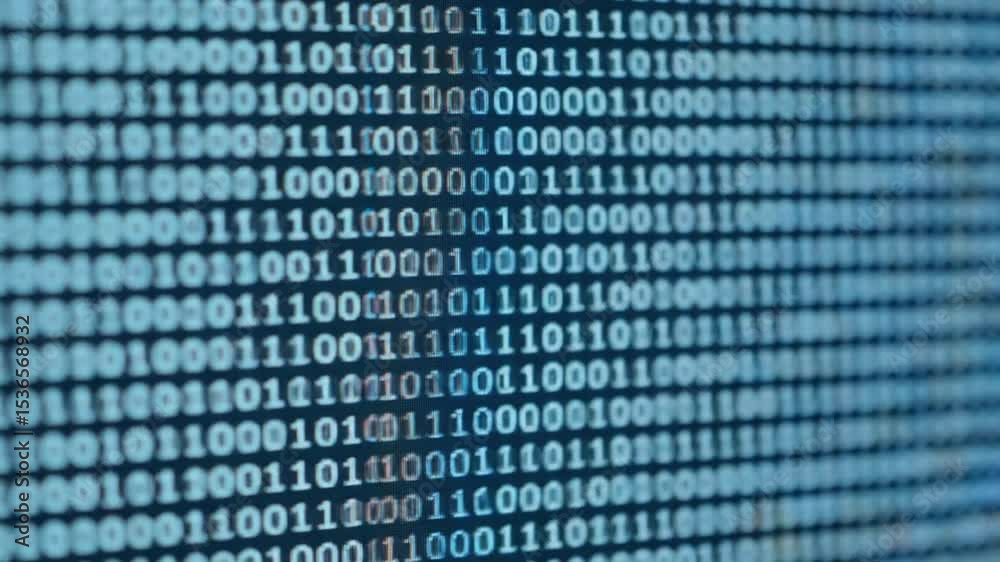 Binary code displayed on a screen representing digital technology concept of Video  