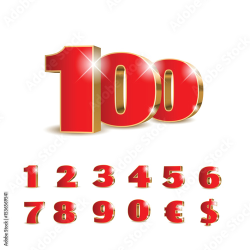 3d red numbers with golden outline. Symbol set. Vector illustration