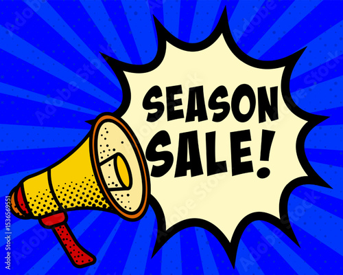 Season sale announcement speech bubble. Megaphone, speech burst, comic style, bright background, communication element, expression tool, voice projection, information sharing, pop art design.