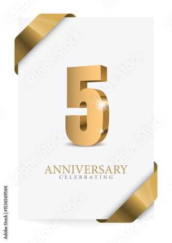 Anniversary 5. gold 3d numbers. Poster template for Celebrating 5 anniversary event party. Vector illustration