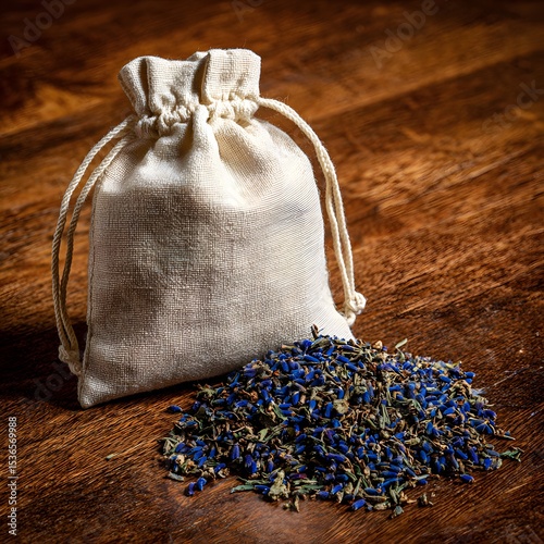 Dried flowers in a natural fabric pouch.