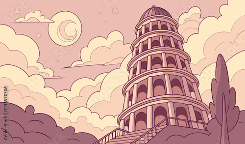 Pink Bookshelves Forming Spiral Towers in Pastel Sunset Clouds                 
