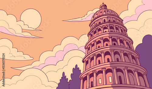 Pink Bookshelves Forming Spiral Towers in Pastel Sunset Clouds                 