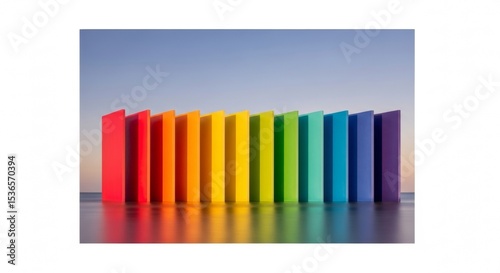 Vibrant Spectrum: A Row of Colorful Rectangular Prisms Reflecting on a Smooth Surface