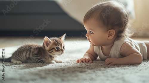 Cute child and playful kitten interact on a soft rug in a cozy living room setting