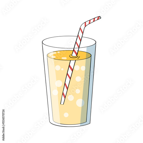 Summer refreshing drink in a glass with a straw: soda, juice, cocktail, lemonade or lemon water, hand-drawn outline illustration in doodle style, isolated design element on a white background
