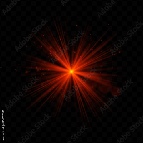 Light burst. Red radial flash with sparkles and transparent glow, ideal for tech, fantasy, or magical visuals and dynamic user interfaces.