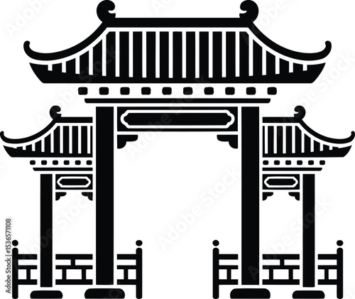 Traditional Chinese Archway Silhouette with Railings, Transparent Background.