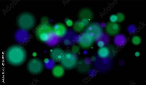 Multicolored blurred bokeh particles with violet, blue, pink hues floating on black background, creating festive or dreamy abstract composition.