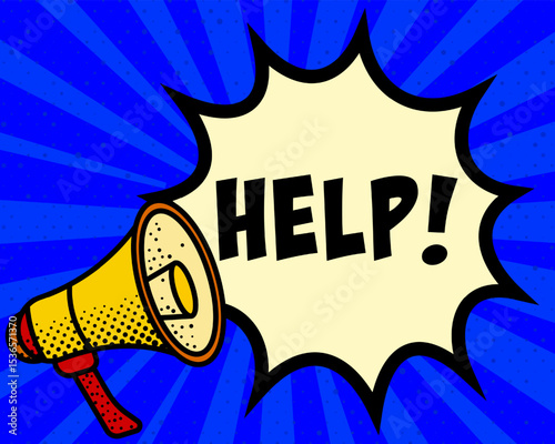 Help announcement speech bubble. Megaphone, speech burst, comic style, bright background, communication element, expression tool, voice projection, information sharing, pop art design.