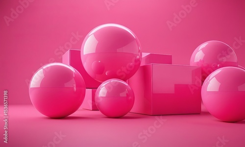 Abstract pink geometric shapes background, spheres and cubes, modern minimalistic composition with soft reflections and smooth gradient color transitions