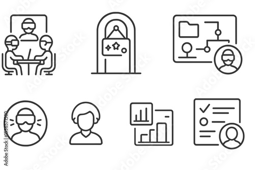 Virtual Workspace Icons. Line style icons of AR and VR at home: virtual coworking desk, productivity room tag, focus pod panel,