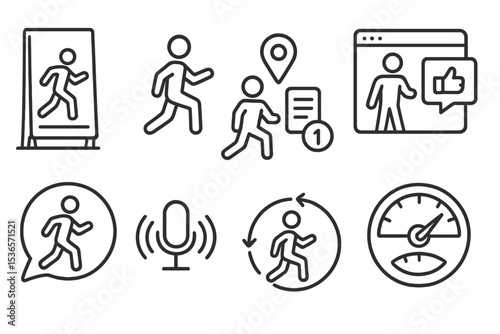 AR VR Workout Icons. Line style icons of AR and VR at home: smart mirror workout, move correction tag, rep counter file, form