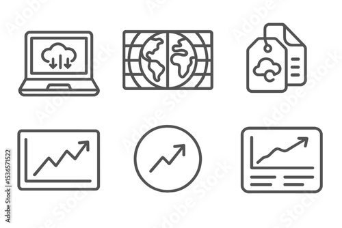 Climate Tech Icons. Line style icons of climate technologies: climate modeling software, global simulation map, climate scenario