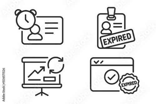 Digital Identity Icons. Line style icons of digital identity: expired ID icon, outdated credential tag, renewal reminder chart,