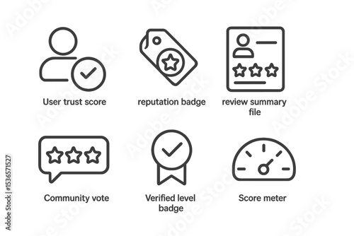 Digital Identity Icons. Line style icons of digital identity: user trust score icon, reputation badge tag, review summary file,