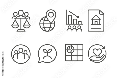 Climate Tech Icons. Line style icons of climate technologies: climate justice icon, equity map tag, vulnerable population chart,