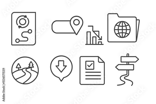 Climate Tech Icons. Line style icons of climate technologies: net zero roadmap icon, milestone tag, reduction steps chart, climate