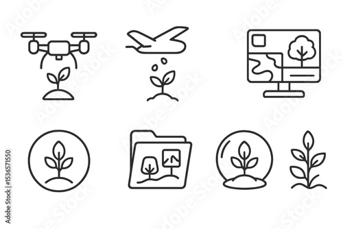 Climate Tech Icons. Line style icons of climate technologies: reforestation drone, aerial seed dropper, satellite land map,