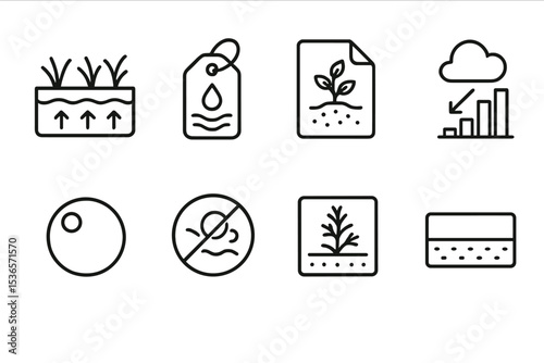 Ecosystem Regeneration Icons. Line style icons of ecosystem regeneration: peatland restoration icon, water table control tag, moss