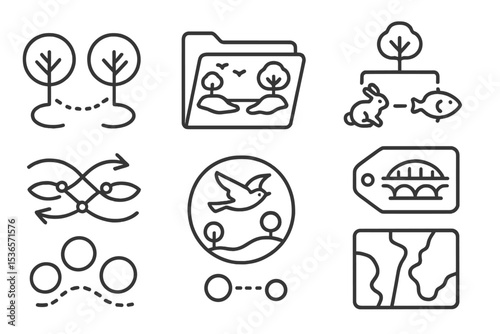 Ecosystem Regeneration Icons. Line style icons of ecosystem regeneration: forest patch connection icon, island biodiversity file,