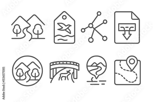 Line Icon Ecosystem Symbols. Line style icons of ecosystem regeneration: landscape connectivity icon, species migration tag, green